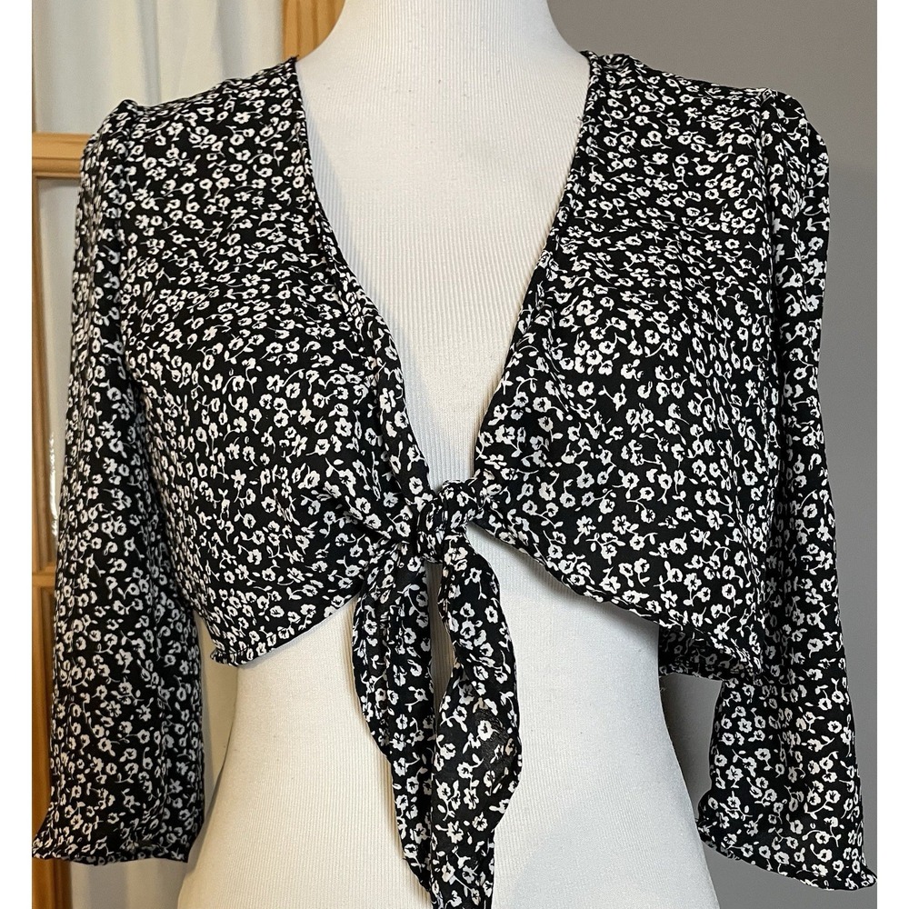 Vtg Womens Floral Crop Top Overlay S Black White Tie Flare Sleeve USA Made Boho